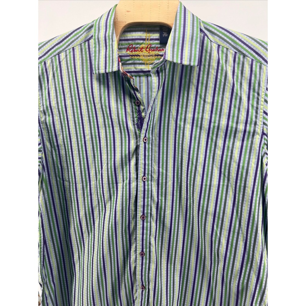 Robert Graham Men's 2XLT Green Purple Stripe Long Sleeve Button Down Shirt - Picture 3 of 13